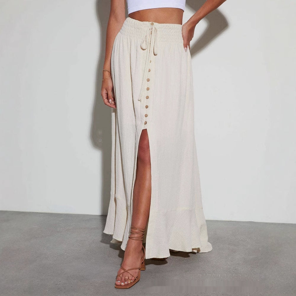 Half-length Solid Color Lace-up Waist-slimming Long Dress - DEA collection