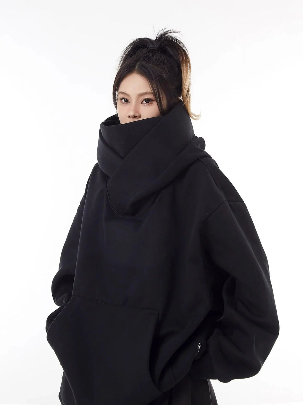 여성 루즈핏 하이넥 플리스 안감 후드티 오버사이즈 M-3XL 블랙 그레이