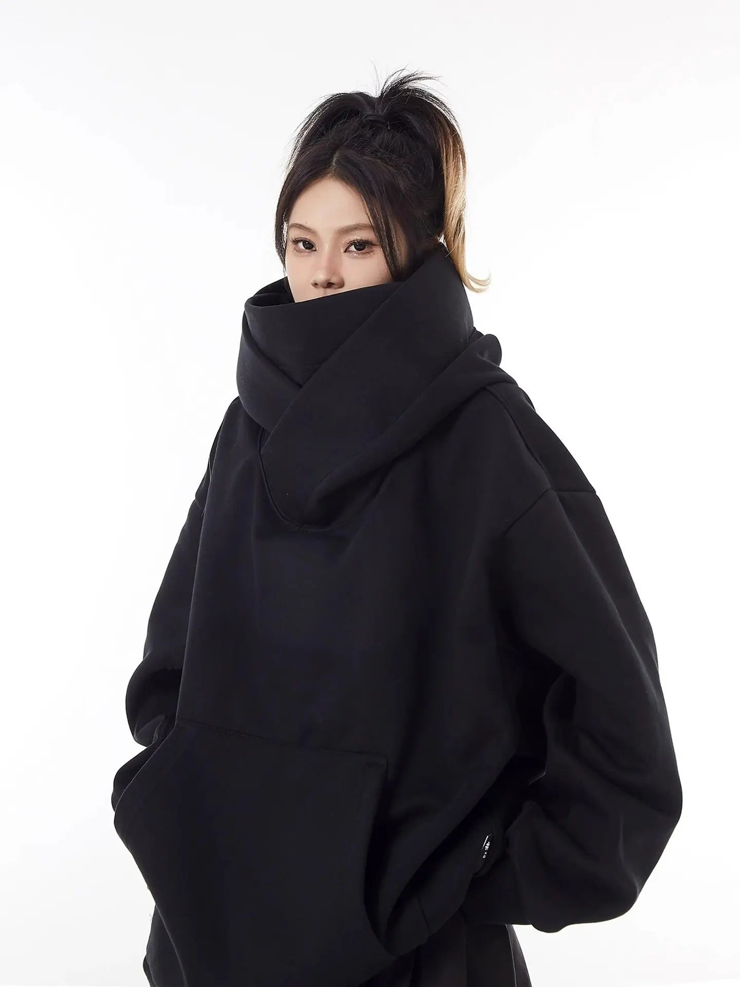 여성 루즈핏 하이넥 플리스 안감 후드티 오버사이즈 M-3XL 블랙 그레이