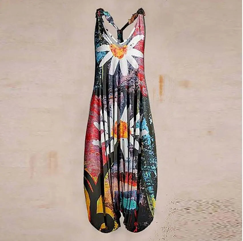 Casual SexyPrinted Sleeveless Loose Knit Cotton Blend Overalls Pants - DEA collection