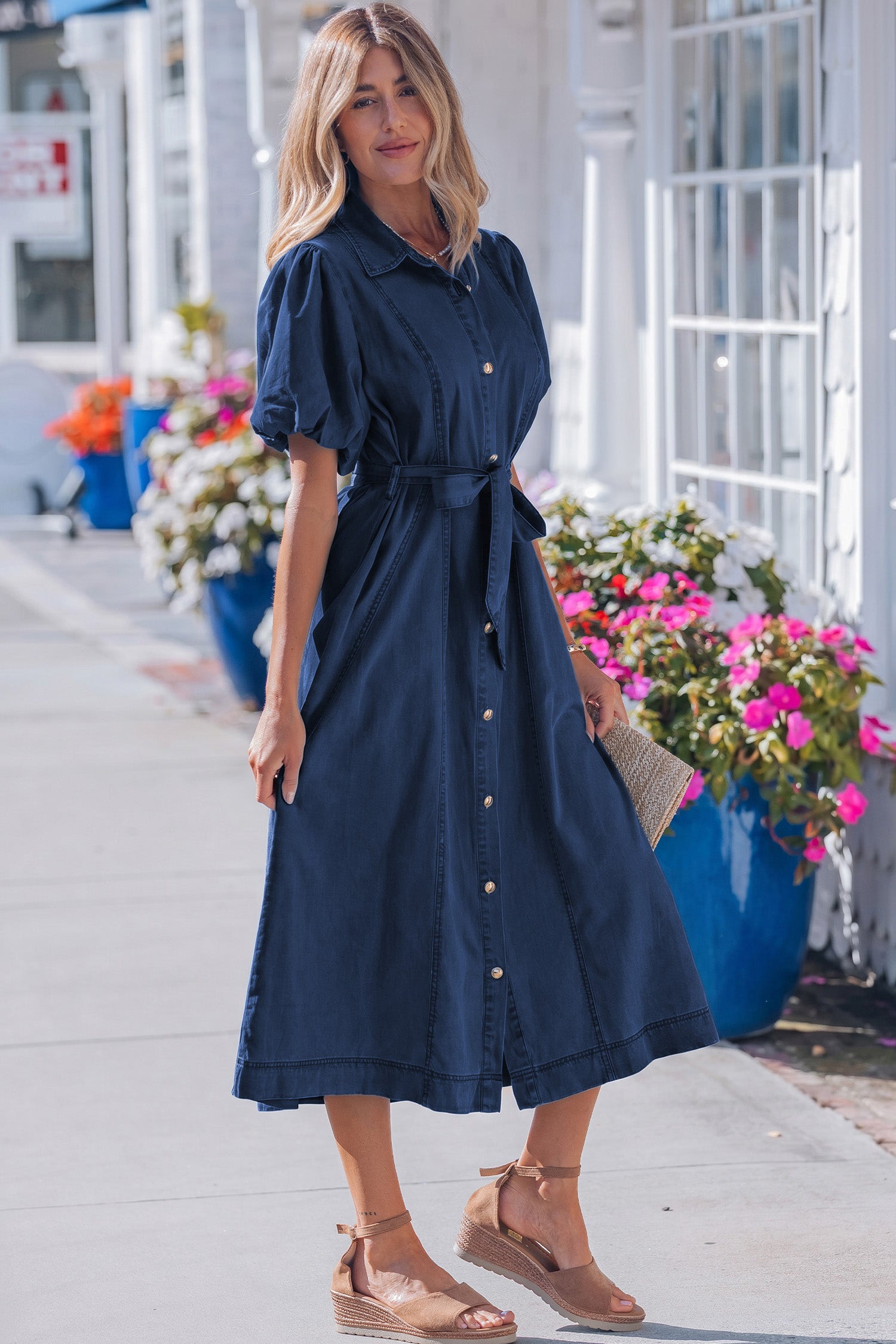 Bubble Sleeve Button Denim Dress