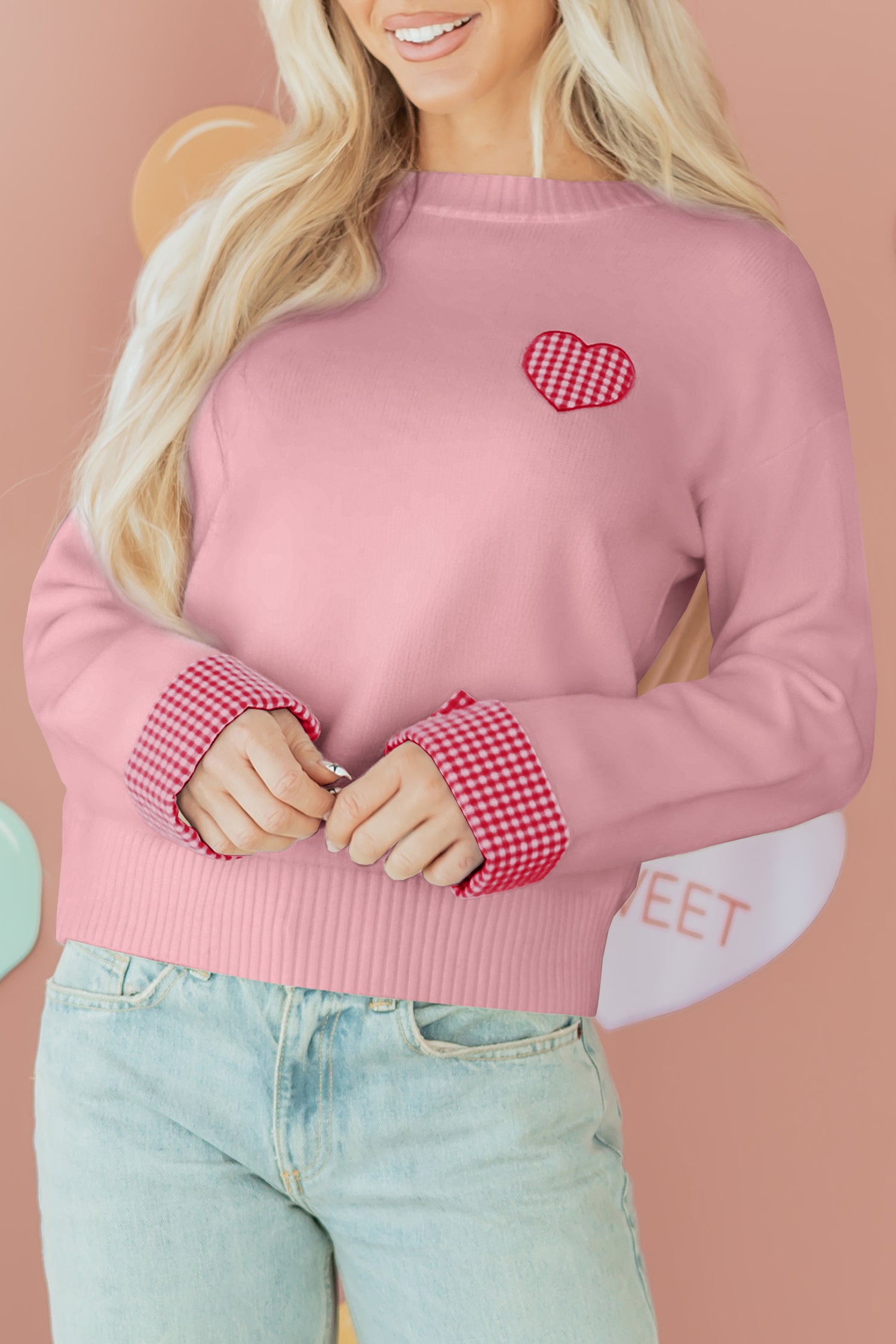 Light Pink Plaid Heart Embroidered