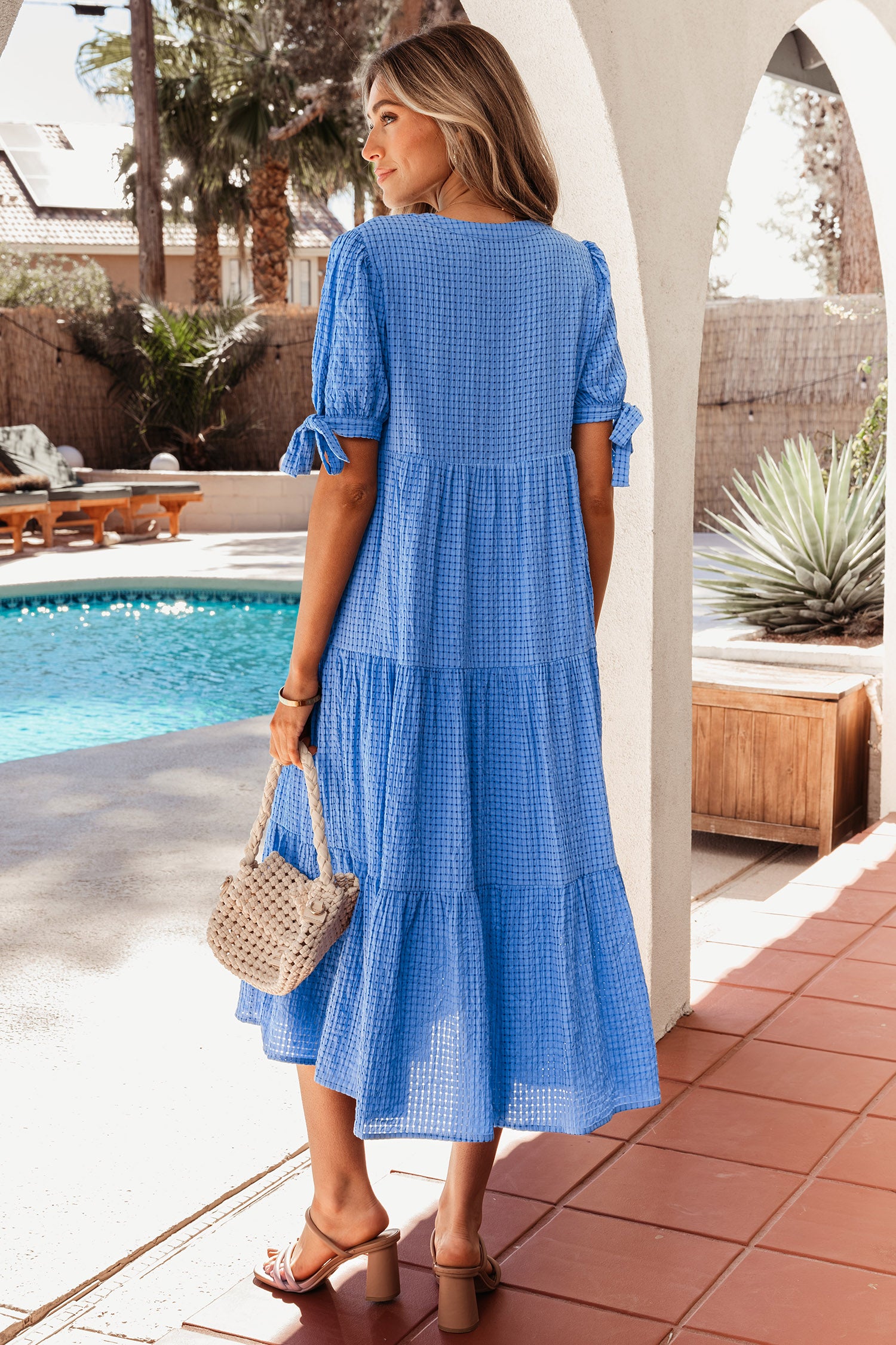 Gingham Bow Tie Tiered Midi Dress