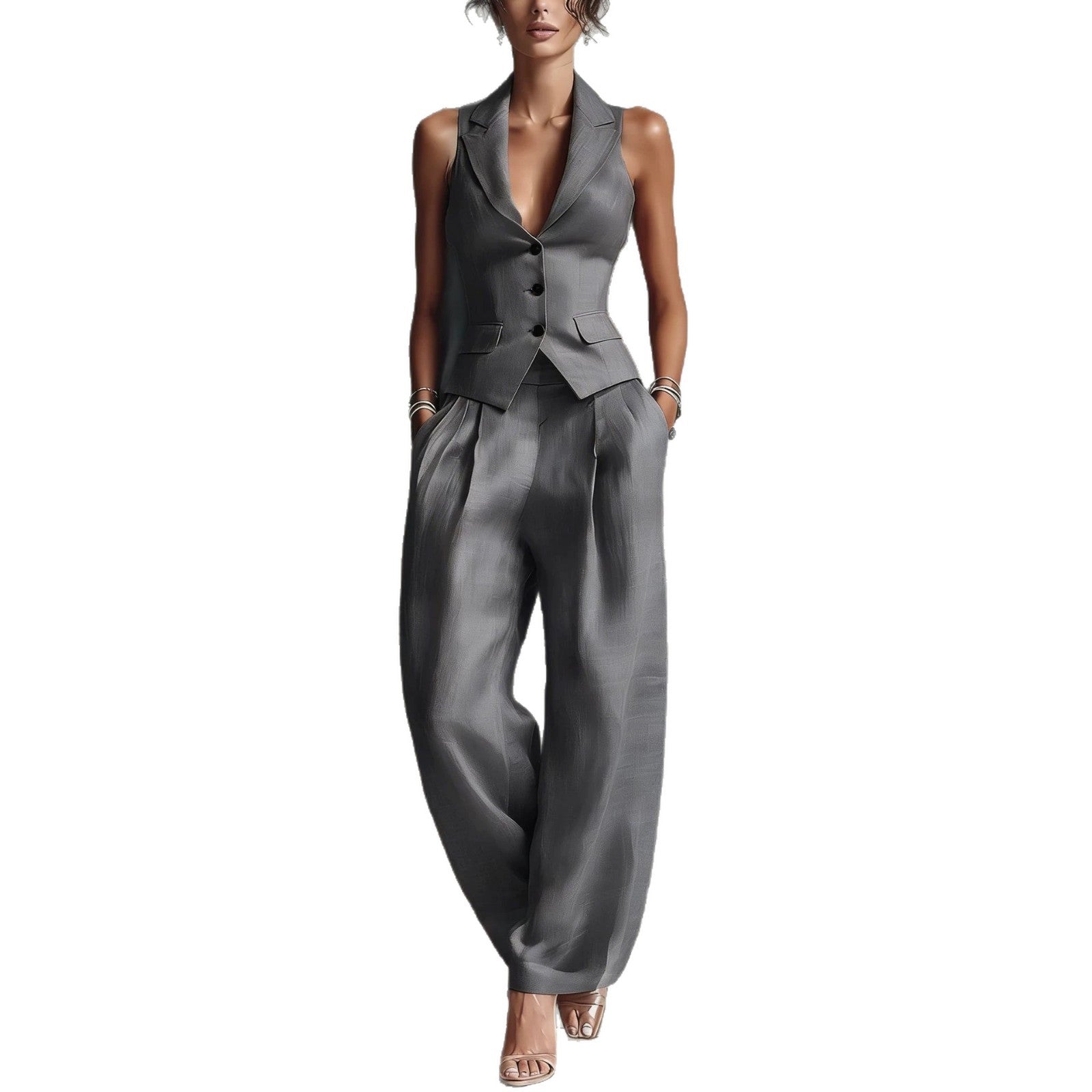 Flip collar single breasted vest long pants two-piece set - DEA collection