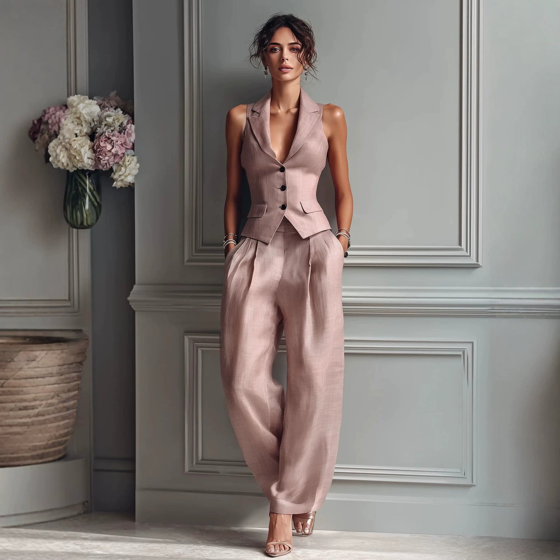 Flip collar single breasted vest long pants two-piece set - DEA collection