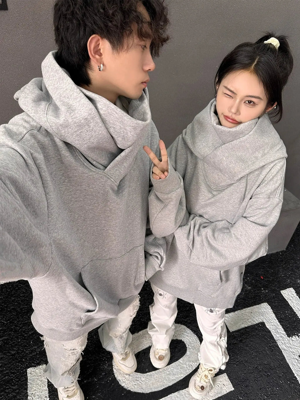 여성 루즈핏 하이넥 플리스 안감 후드티 오버사이즈 M-3XL 블랙 그레이
