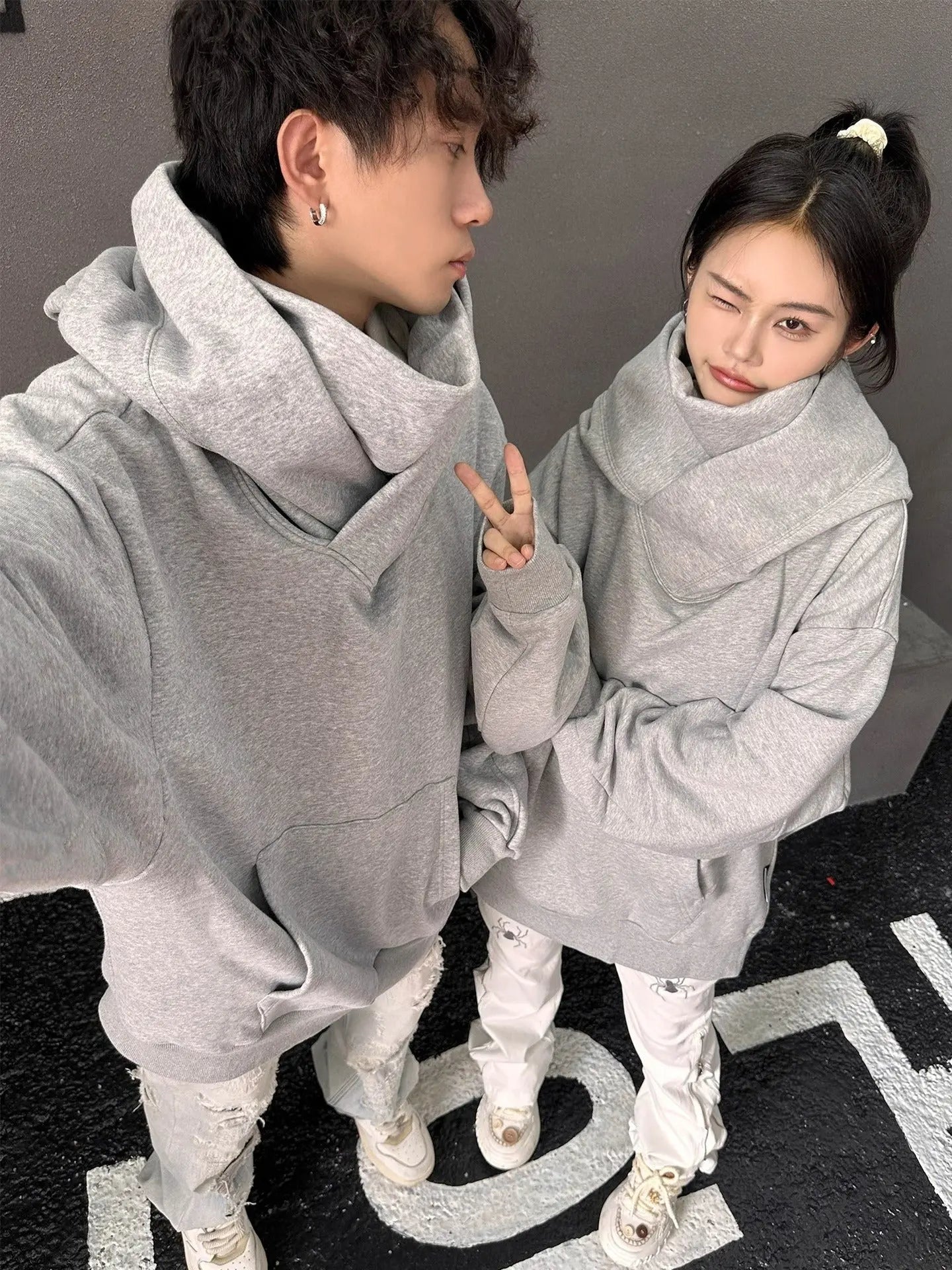 여성 루즈핏 하이넥 플리스 안감 후드티 오버사이즈 M-3XL 블랙 그레이