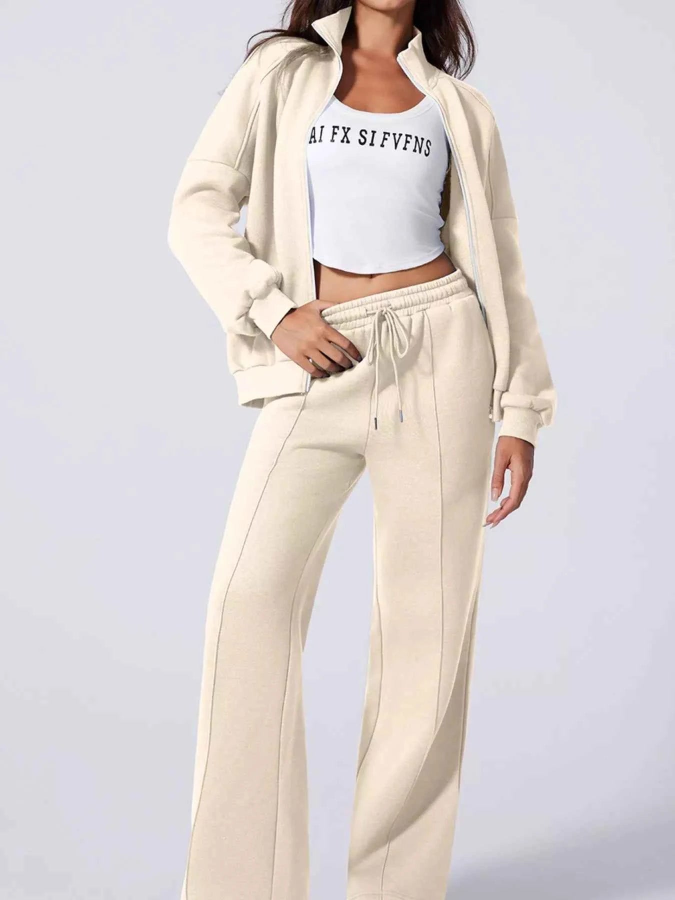 Drop Shoulder Zip Up Jacket and Drawstring Pants Active 2pcs Set