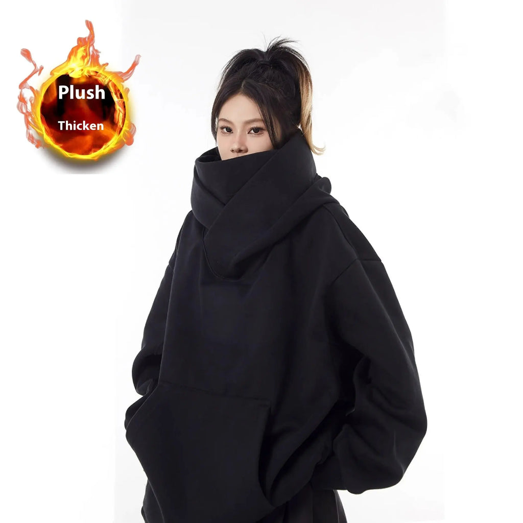 여성 루즈핏 하이넥 플리스 안감 후드티 오버사이즈 M-3XL 블랙 그레이