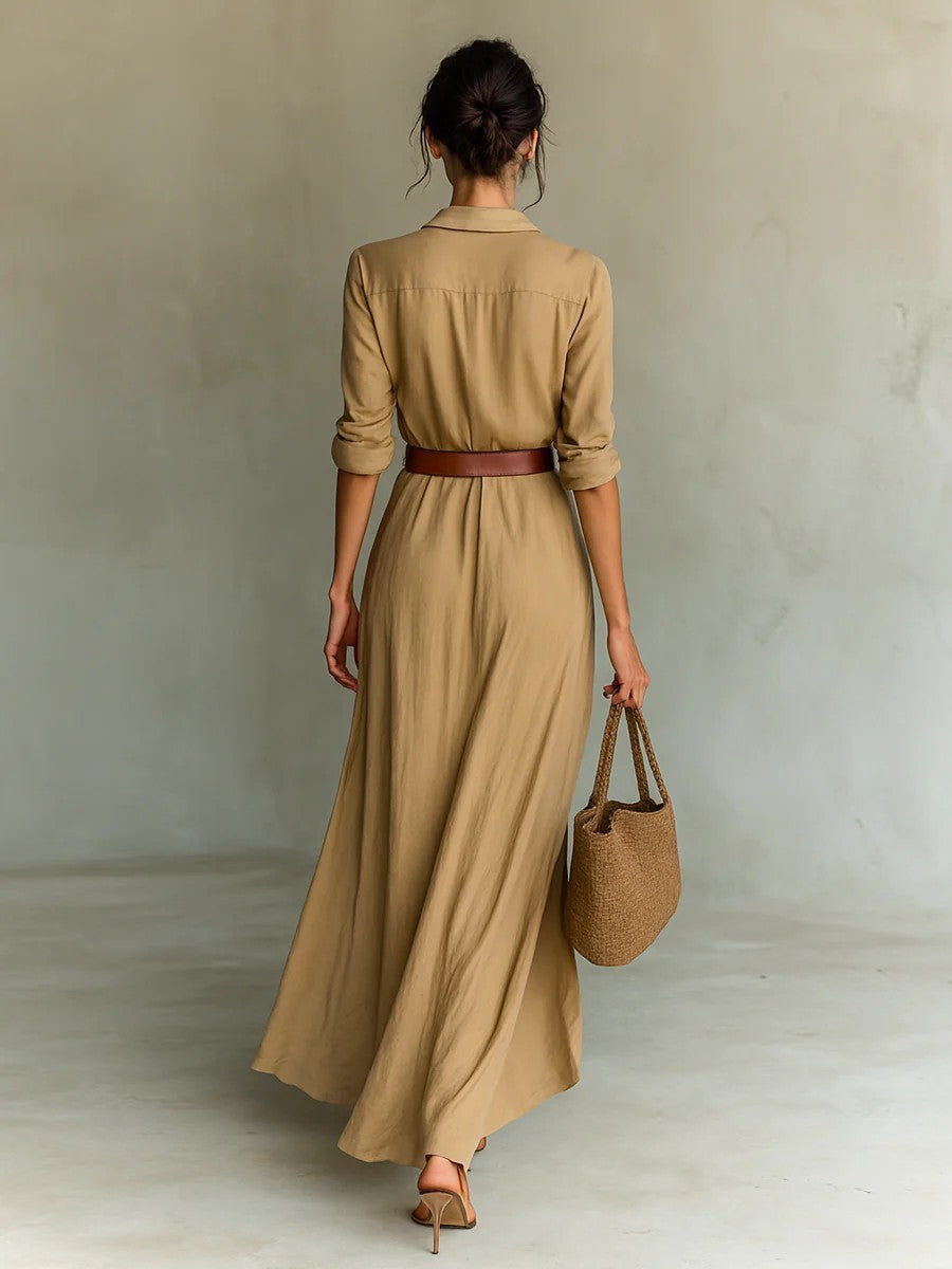 Irregular Long Dress With Belt Fashion And Elegant Button Lapel Long-sleeved Shirt Dresses Daily Office Commuting Clothing For Women - DEA collection