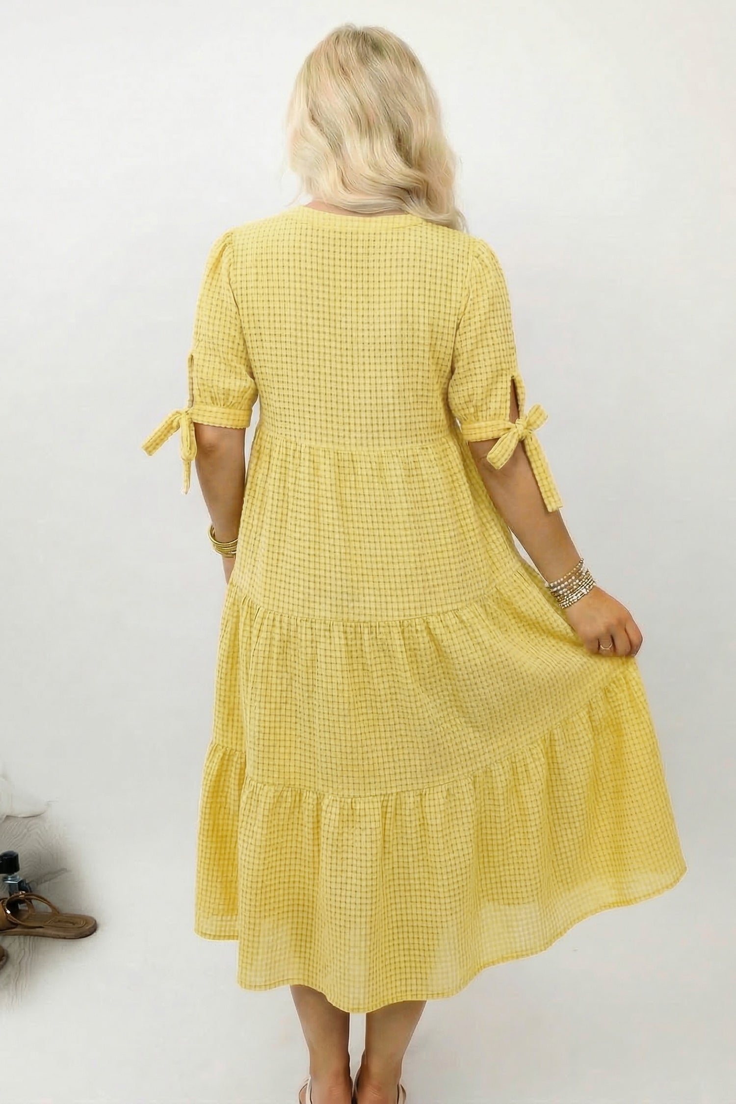 Gingham Bow Tie Tiered Midi Dress
