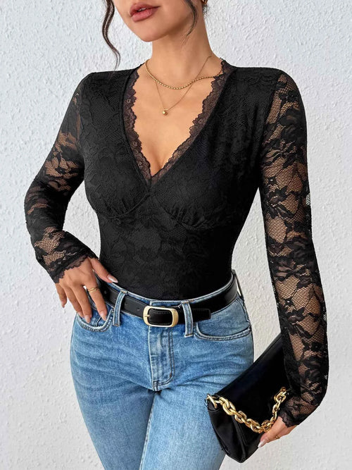 Bodysuit: Lace Long Sleeve V-Neck for Effortless Elegance - Black