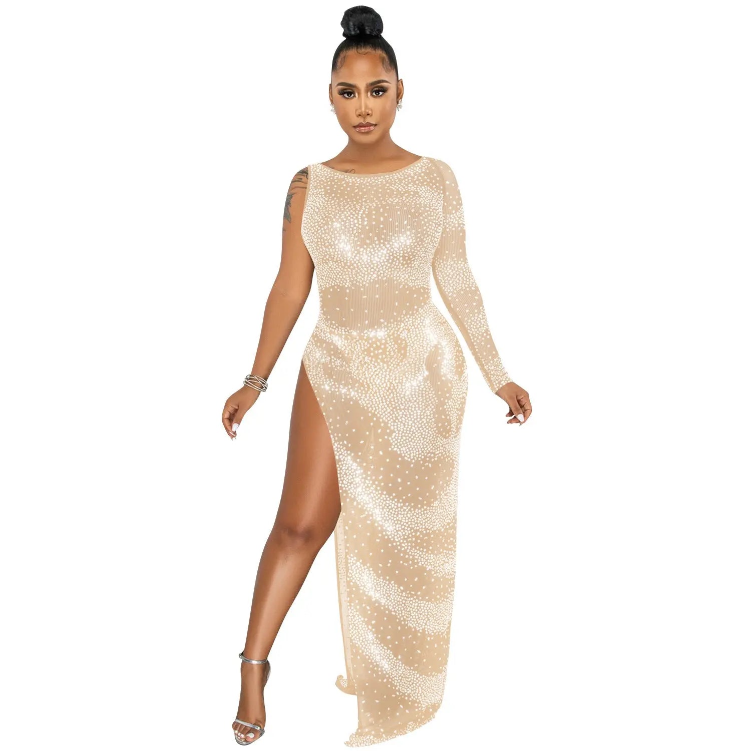 Rhinestone Single Long Sleeve Slit Maxi Dress - DEA collection