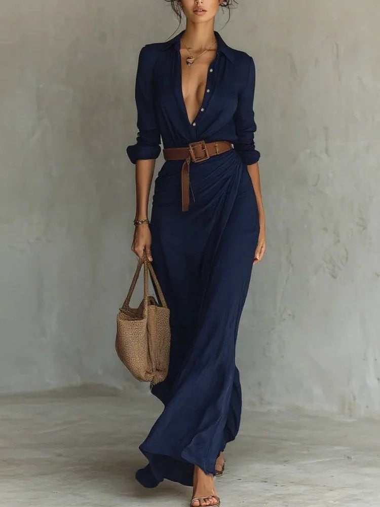 Irregular Long Dress With Belt Fashion And Elegant Button Lapel Long-sleeved Shirt Dresses Daily Office Commuting Clothing For Women - DEA collection
