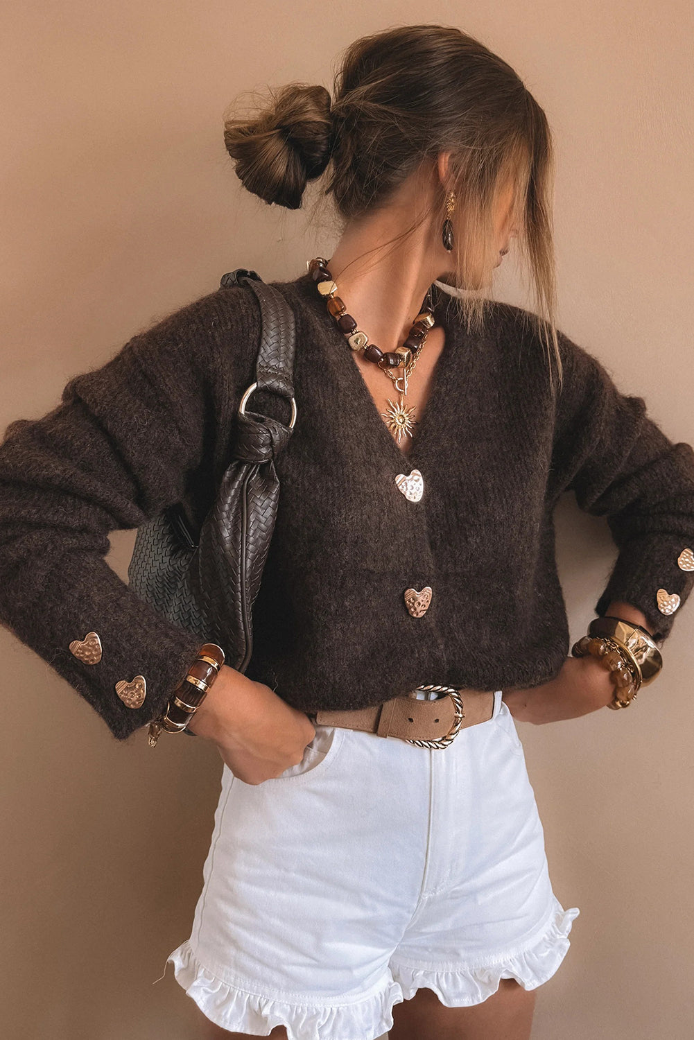 Metallic Heart Button Knit Cardigan