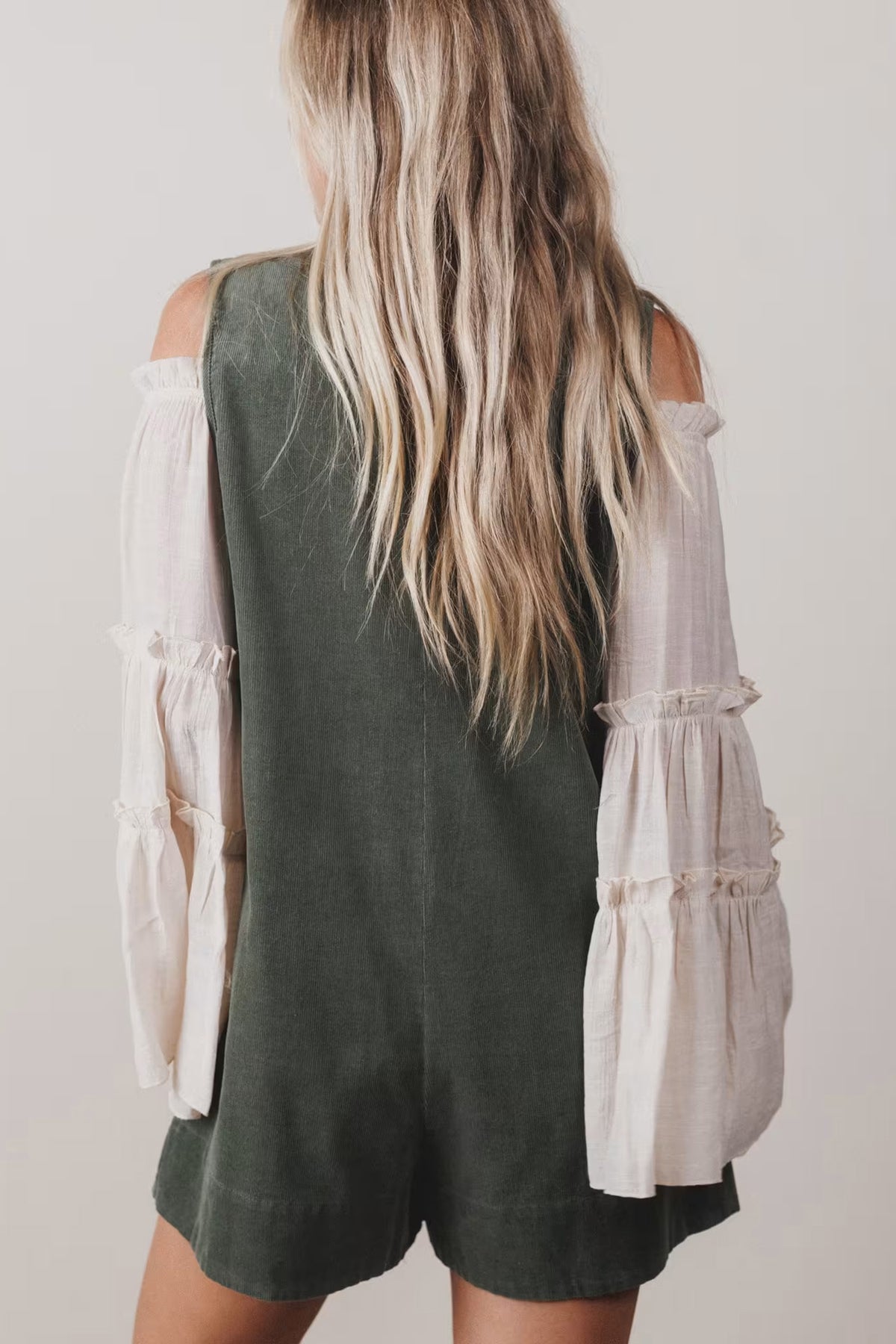 Cinnamon Solid Color Tie V Neck Sleeveless Corduroy Romper