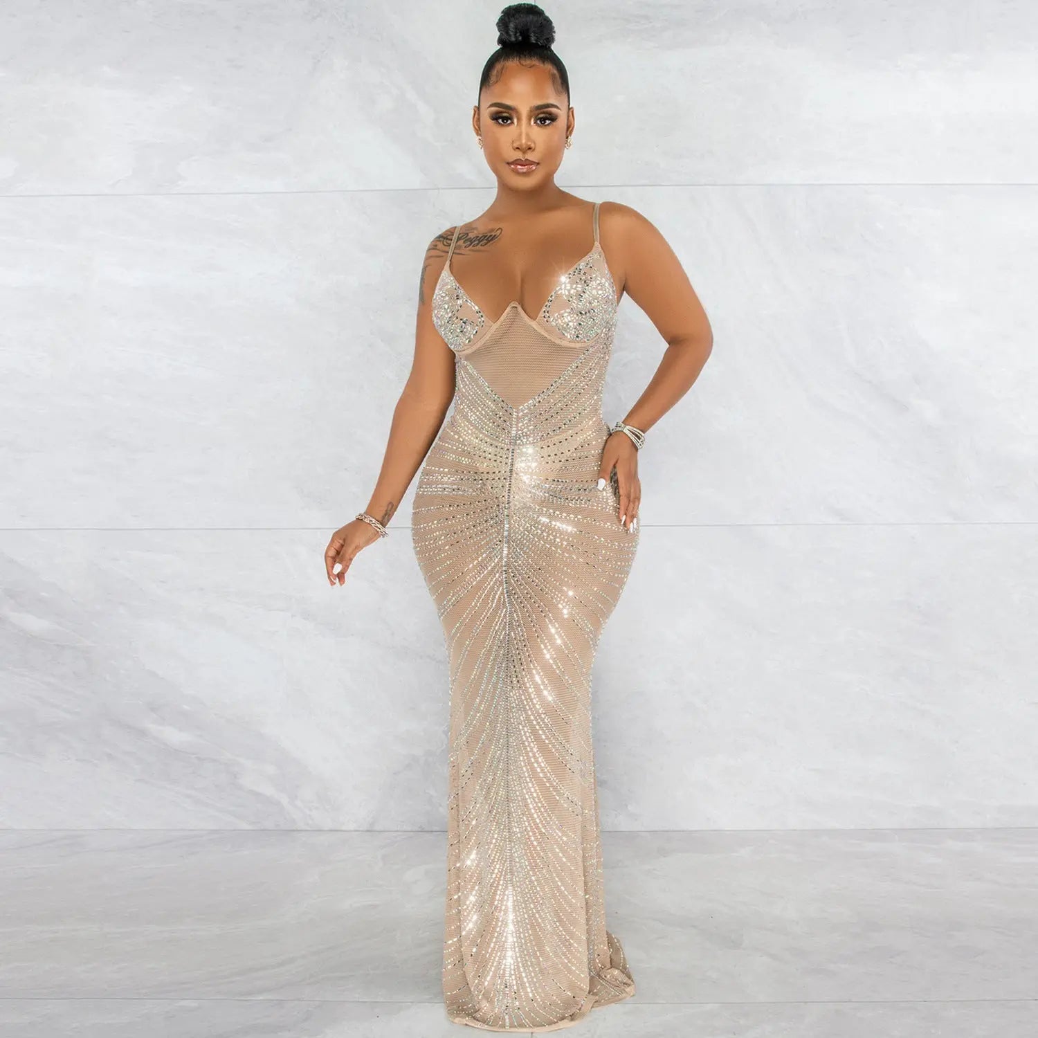 Beaded Strapless Mesh Long Dress - DEA collection