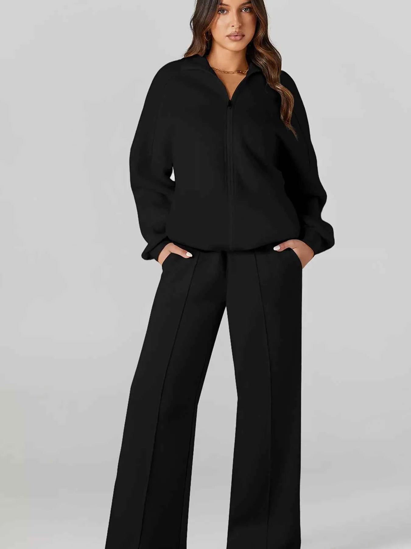 Drop Shoulder Zip Up Jacket and Drawstring Pants Active 2pcs Set