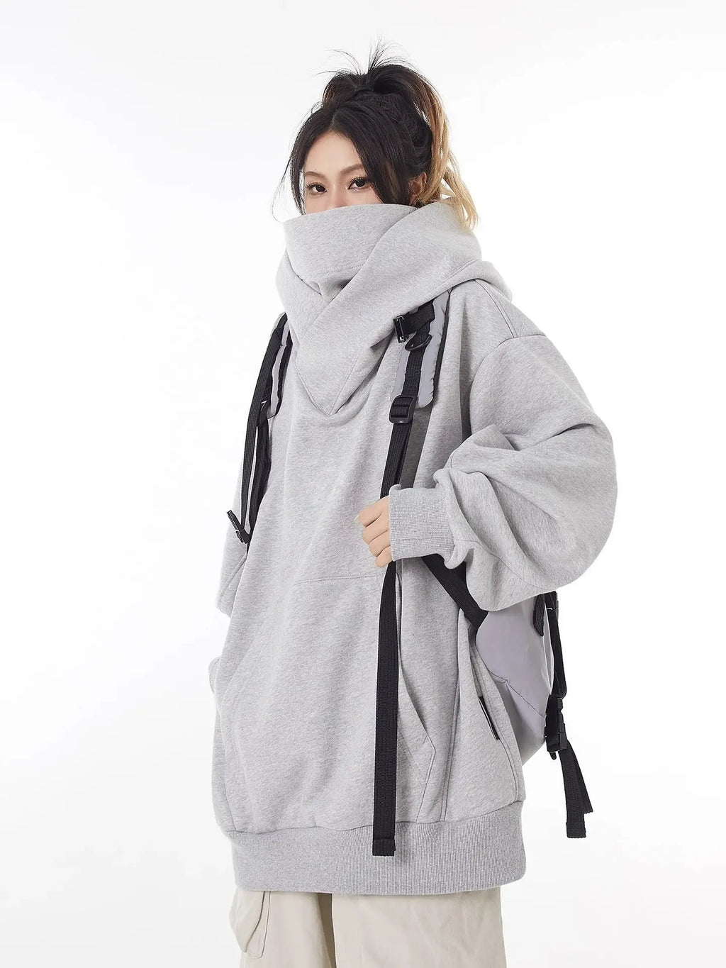 여성 루즈핏 하이넥 플리스 안감 후드티 오버사이즈 M-3XL 블랙 그레이