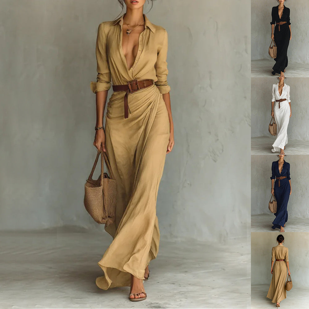 Irregular Long Dress With Belt Fashion And Elegant Button Lapel Long-sleeved Shirt Dresses Daily Office Commuting Clothing For Women - DEA collection