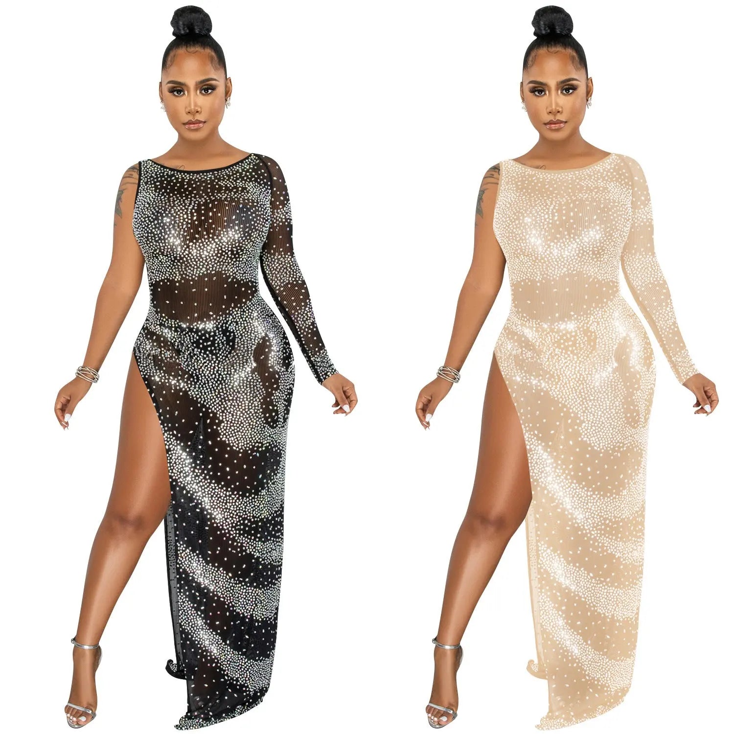 Rhinestone Single Long Sleeve Slit Maxi Dress - DEA collection