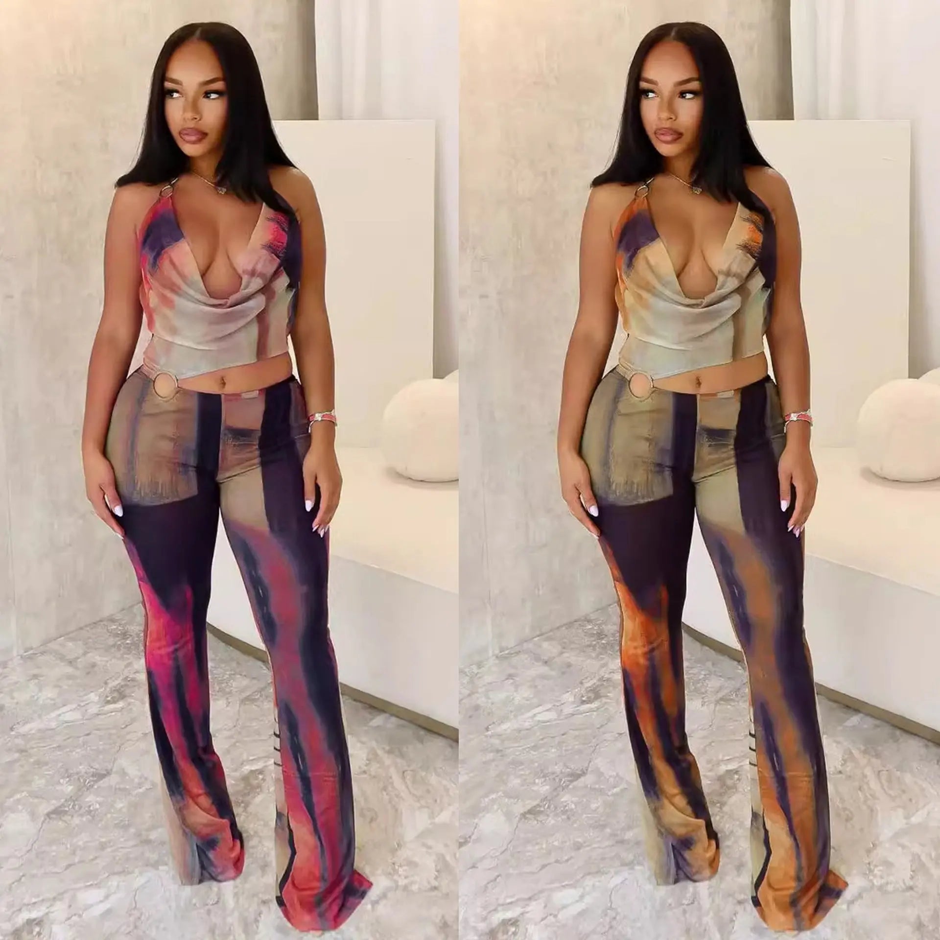 Sheer Mesh Printed Wide-Leg Jumpsuit - DEA collection