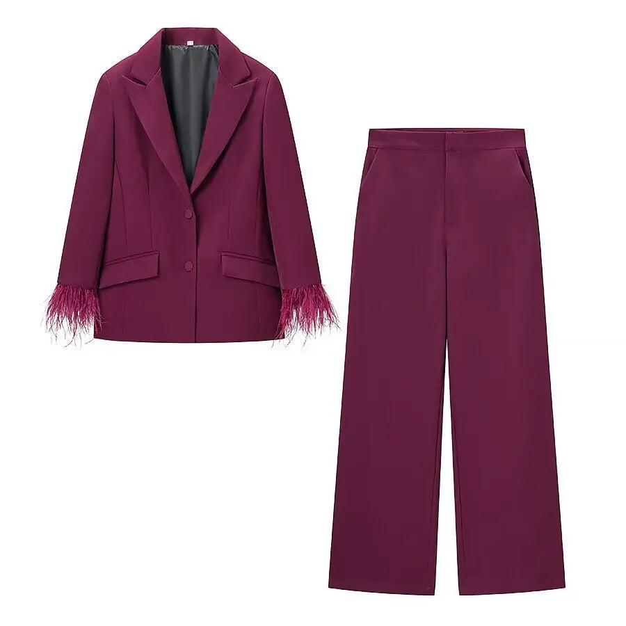 Commuter style feather decorated jacket+high waisted pants set - DEA collection