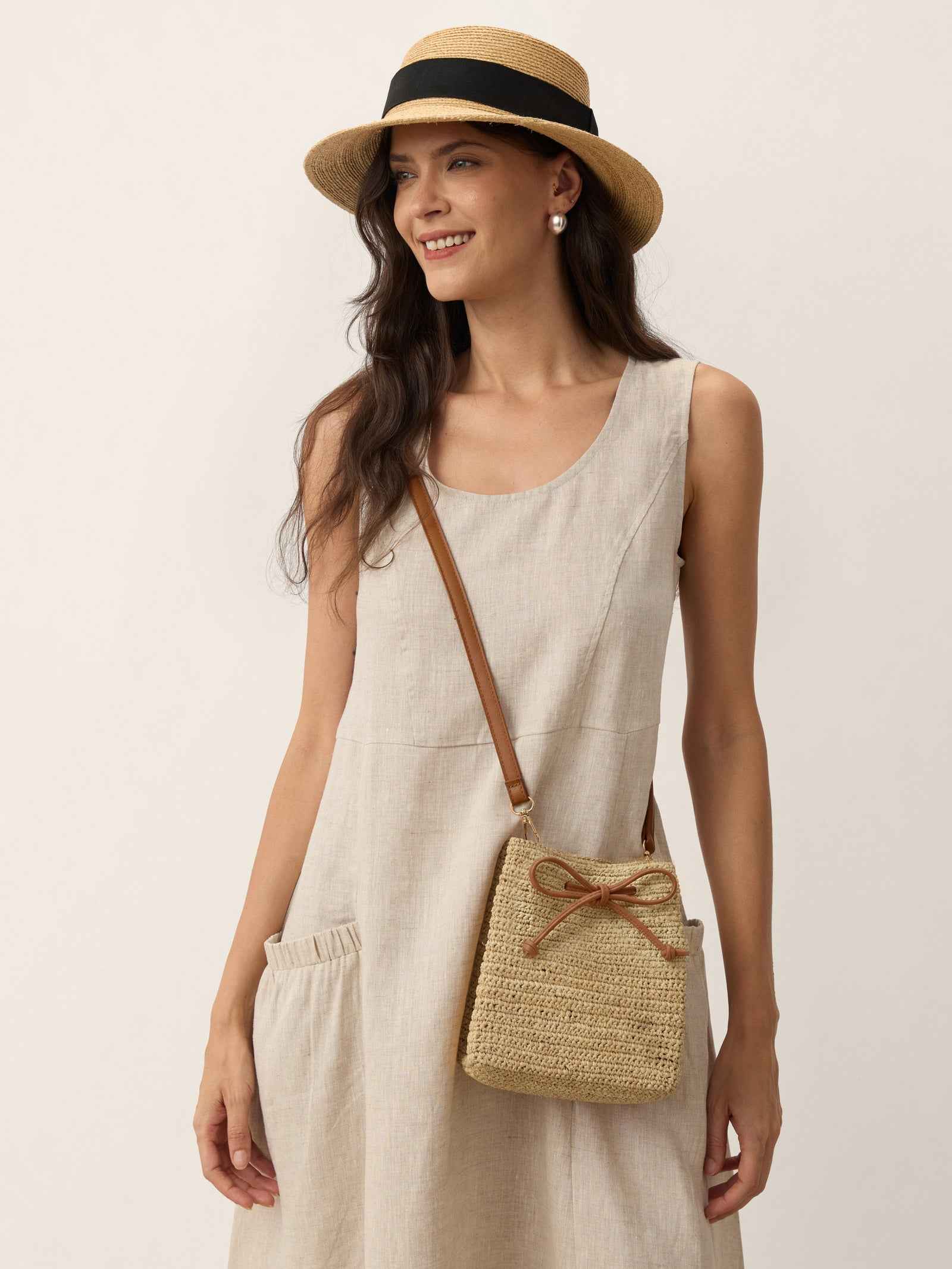 Mini Handwoven Raffia Drawstring Crossbody Bag