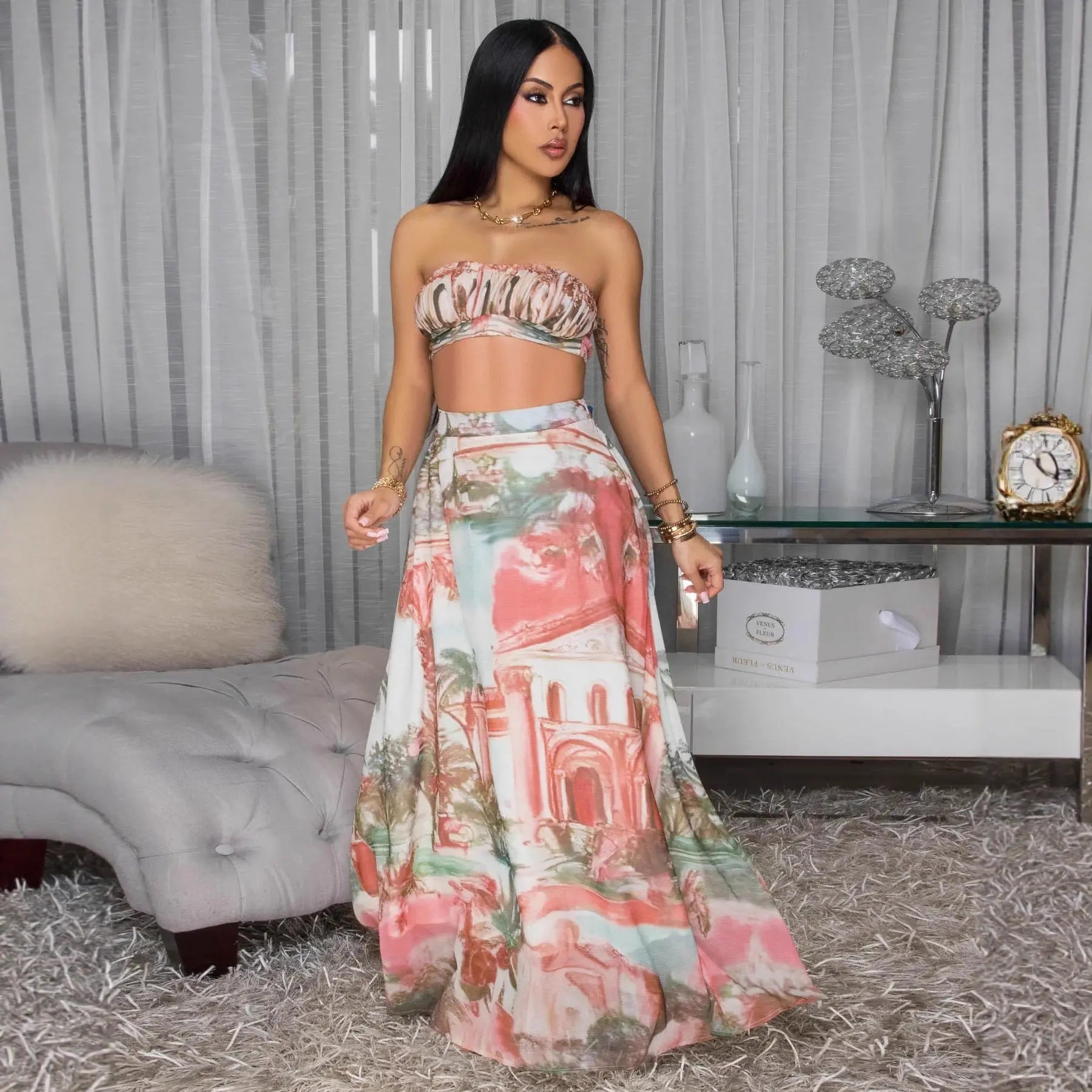Casual Printed Two-Piece Set with Short Crop Top and High-Waisted Chiffon Printed Long Skirt - DEA collection