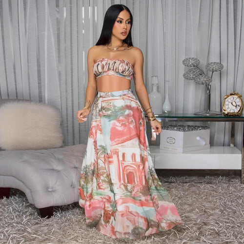 Casual Printed Two-Piece Set with Short Crop Top and High-Waisted Chiffon Printed Long Skirt - DEA collection