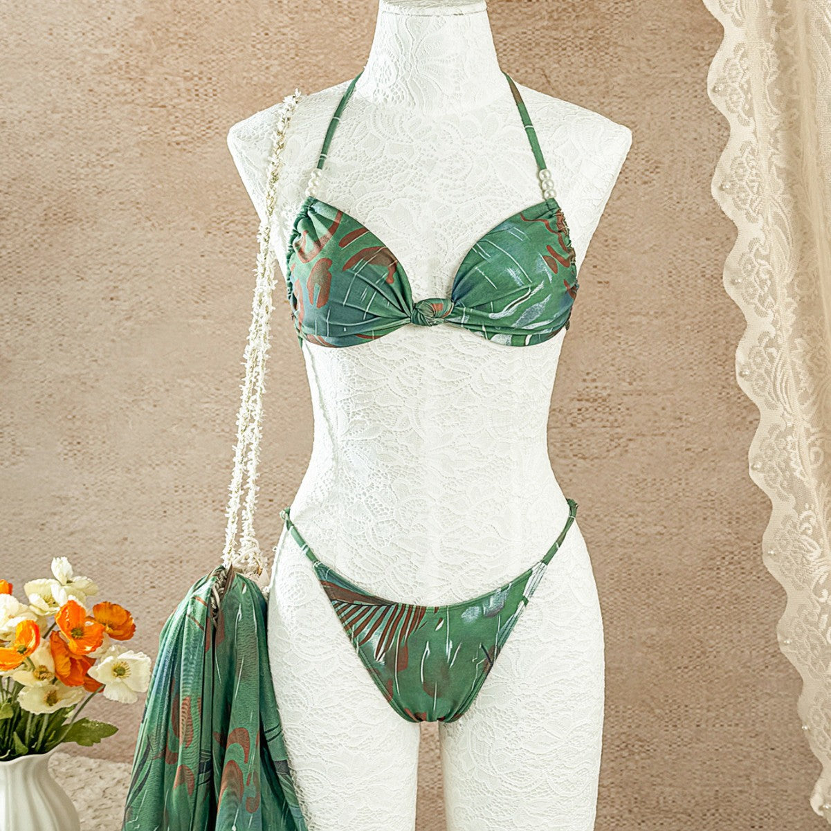 Sexy Knot Backless Halter Bikini Set with Print for Women - DEA collection