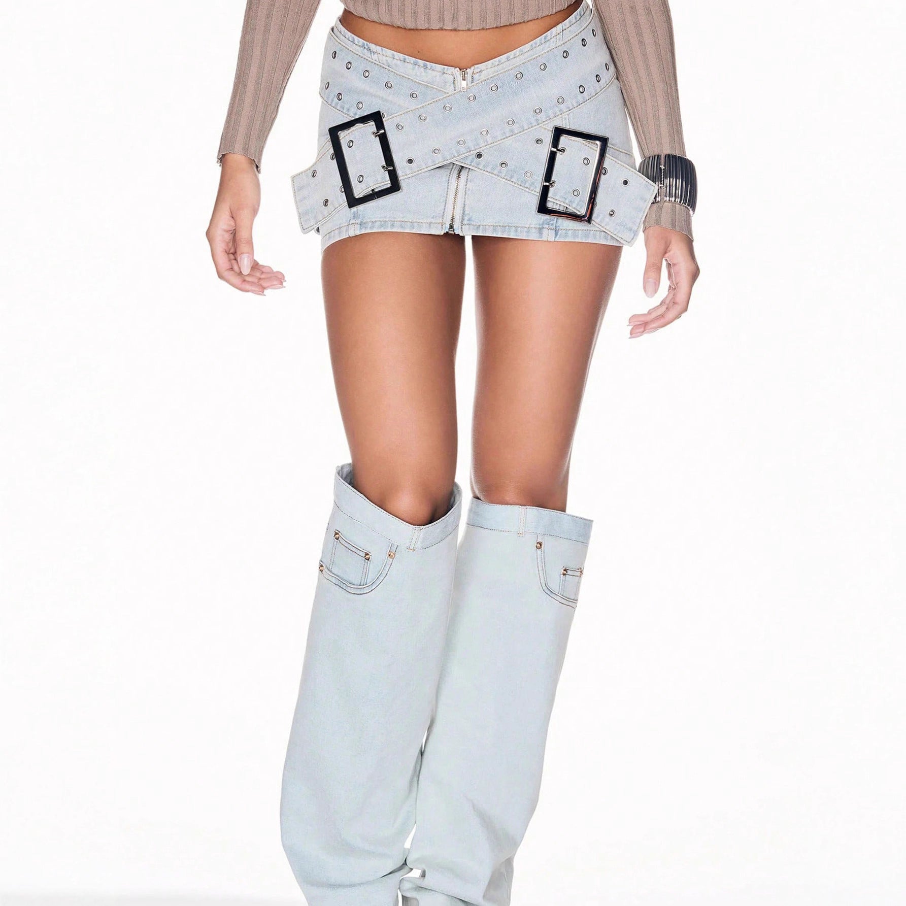 Fashionable Light Blue Denim Mini Skirt with Cross-Over Buckle Design, Bodycon Style - DEA collection