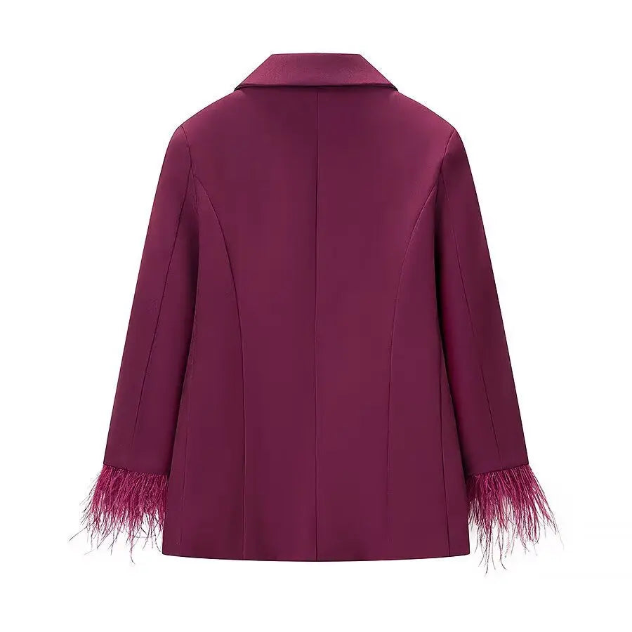Commuter style feather decorated jacket+high waisted pants set - DEA collection