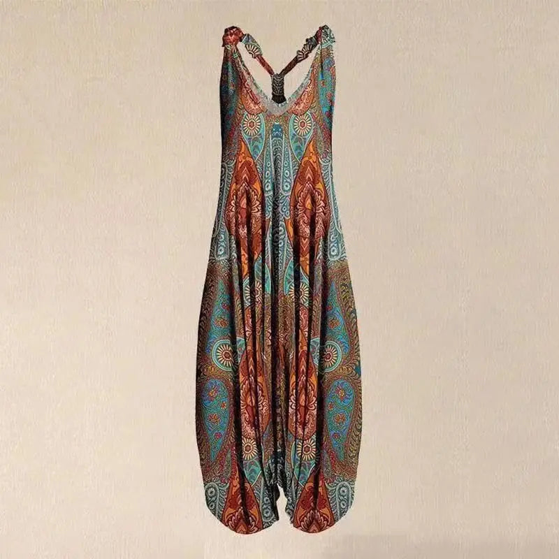 Casual SexyPrinted Sleeveless Loose Knit Cotton Blend Overalls Pants - DEA collection