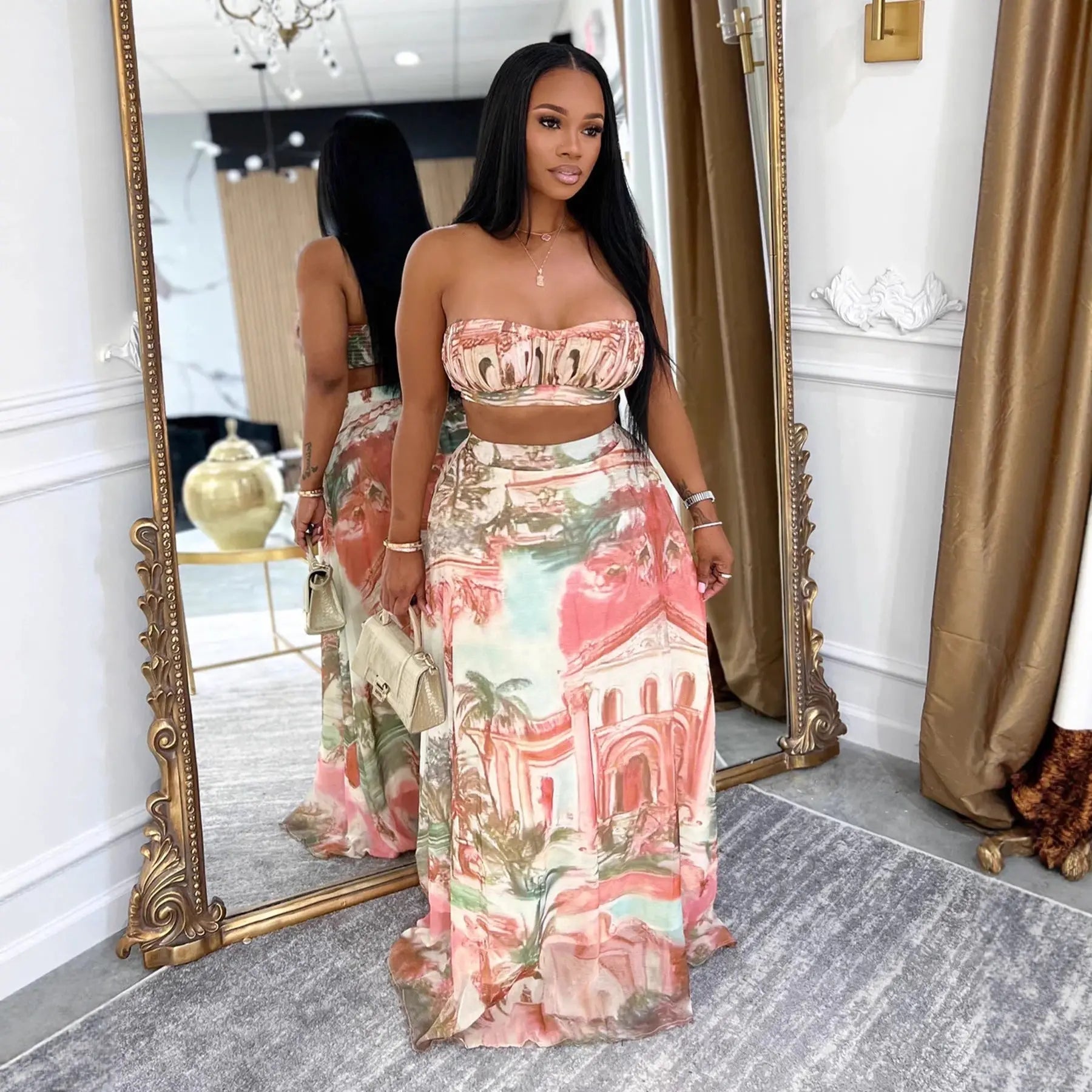 Casual Printed Two-Piece Set with Short Crop Top and High-Waisted Chiffon Printed Long Skirt - DEA collection