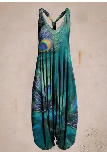 Casual SexyPrinted Sleeveless Loose Knit Cotton Blend Overalls Pants - DEA Collection