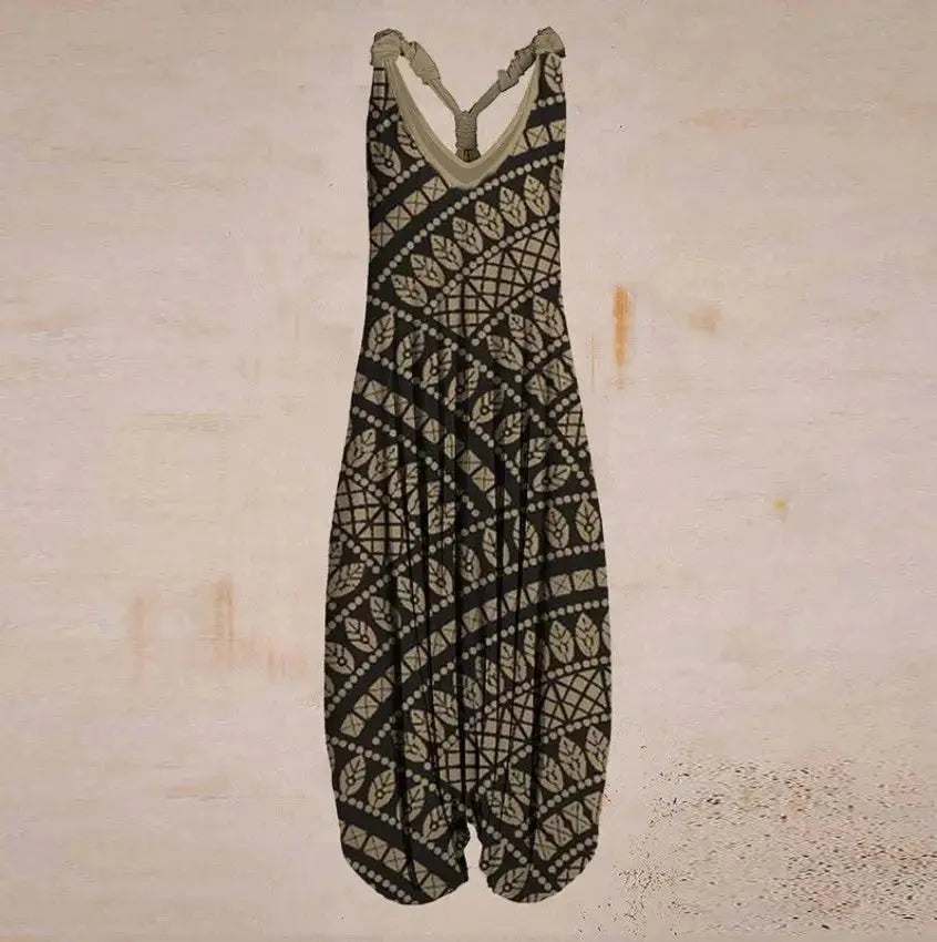 Casual SexyPrinted Sleeveless Loose Knit Cotton Blend Overalls Pants - DEA Collection