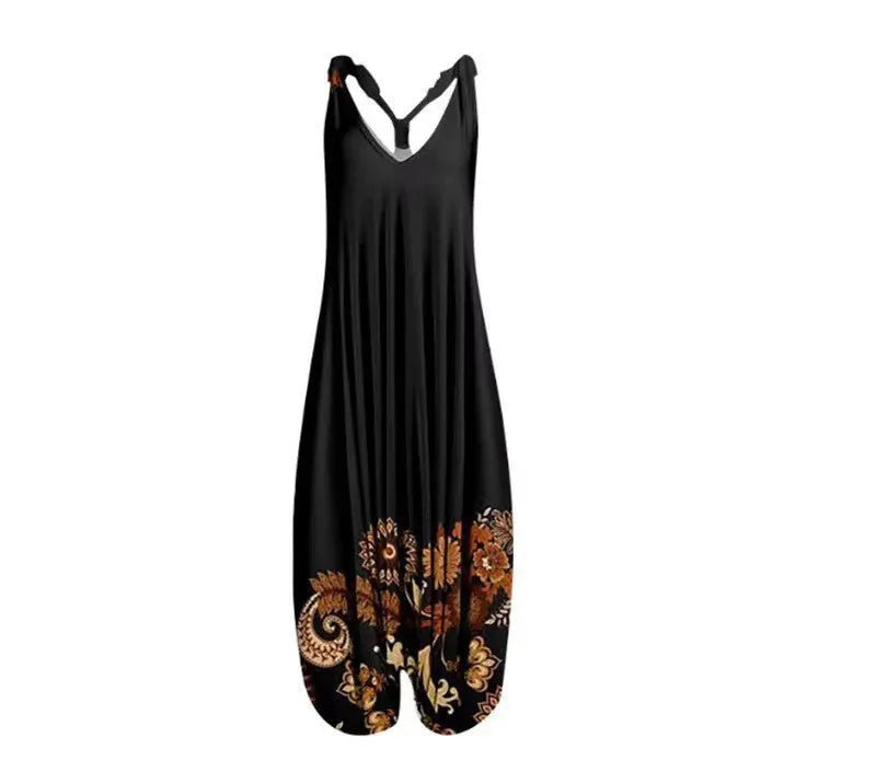 Casual SexyPrinted Sleeveless Loose Knit Cotton Blend Overalls Pants - DEA Collection