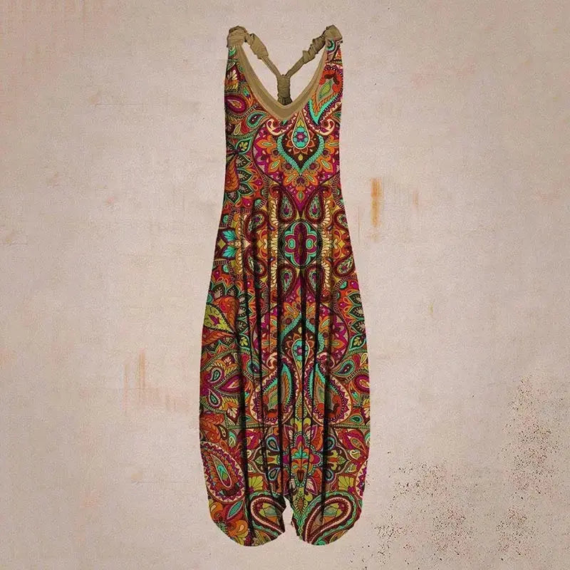 Casual SexyPrinted Sleeveless Loose Knit Cotton Blend Overalls Pants - DEA Collection