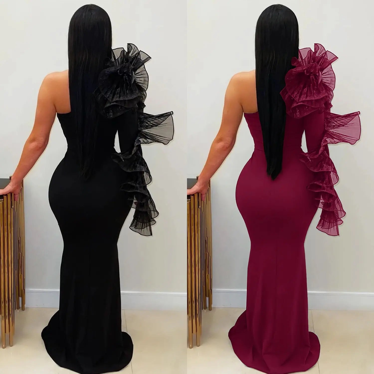 Fashion Elegant Single Ruffle Sleeve Fitted Dress for Women - DEA collection