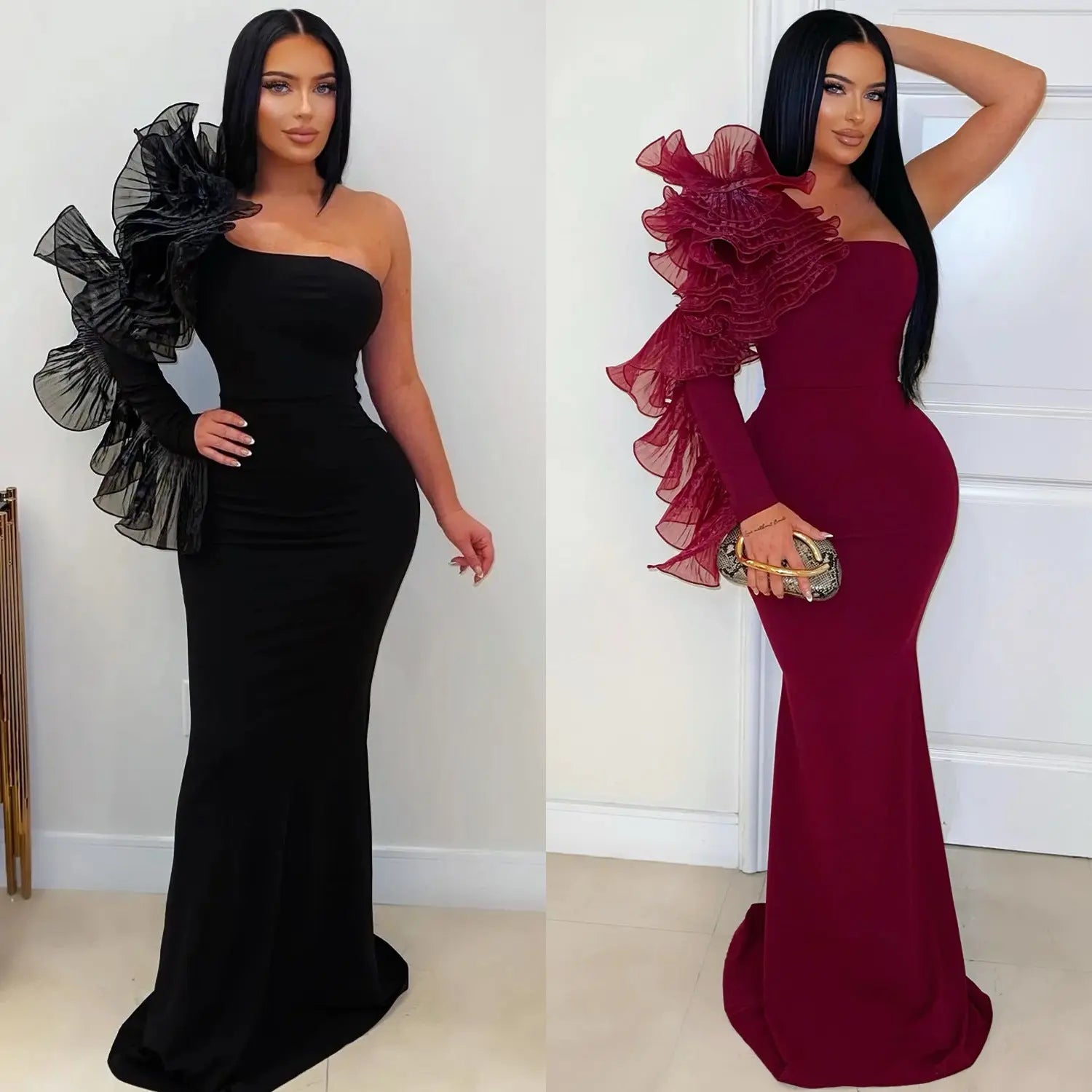 Fashion Elegant Single Ruffle Sleeve Fitted Dress for Women - DEA collection