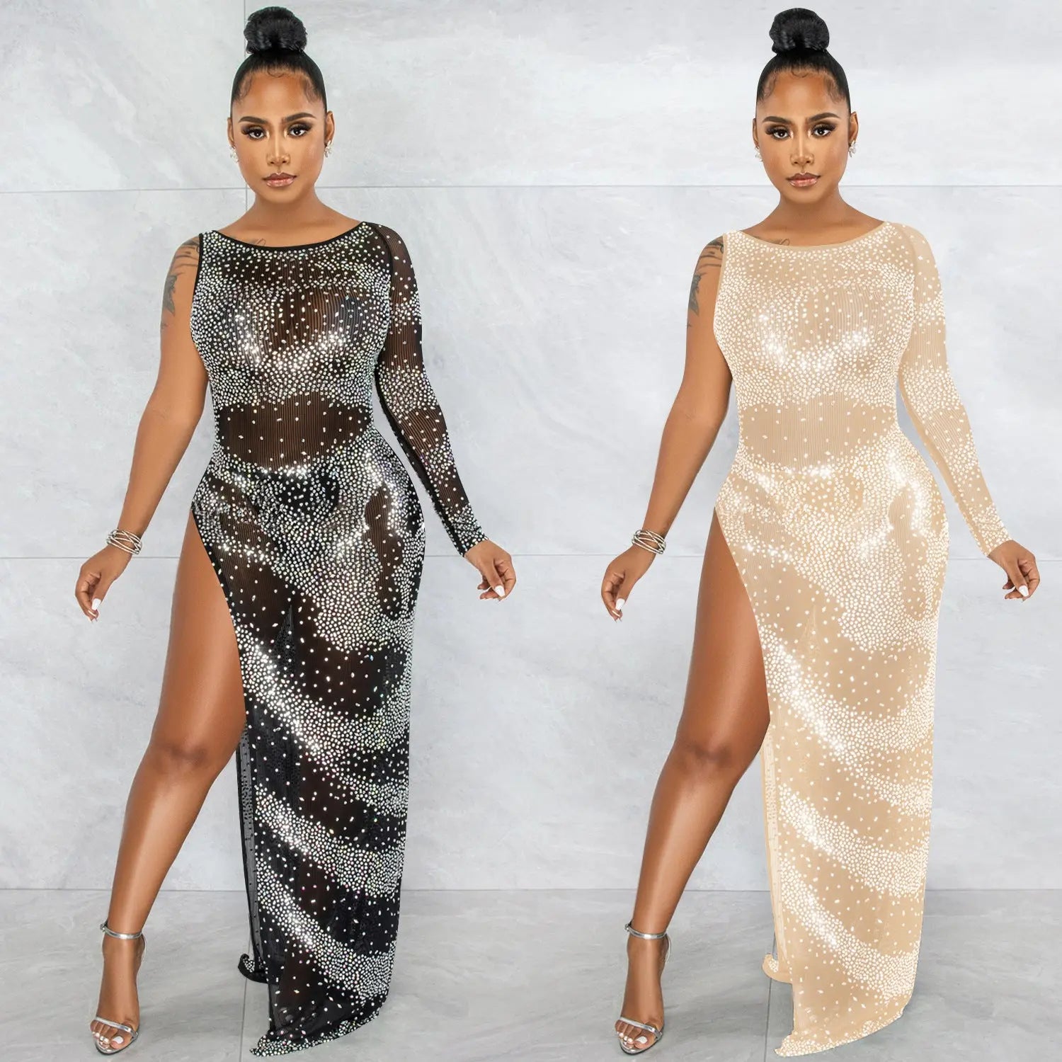 Rhinestone Single Long Sleeve Slit Maxi Dress - DEA collection