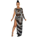 Rhinestone Single Long Sleeve Slit Maxi Dress - DEA collection