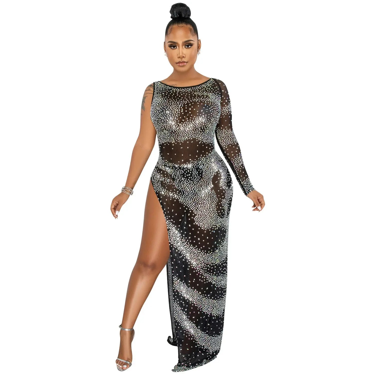 Rhinestone Single Long Sleeve Slit Maxi Dress - DEA collection