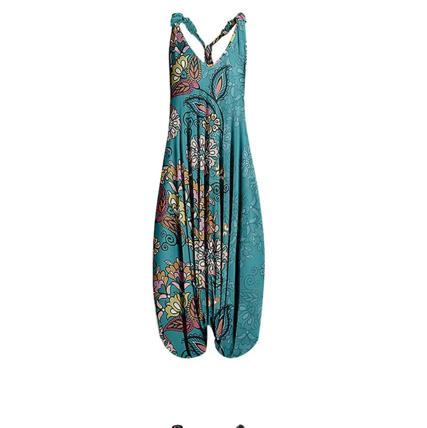Casual SexyPrinted Sleeveless Loose Knit Cotton Blend Overalls Pants - DEA collection