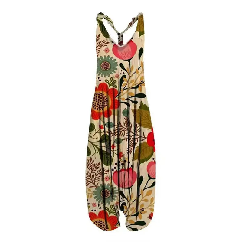Casual SexyPrinted Sleeveless Loose Knit Cotton Blend Overalls Pants - DEA collection
