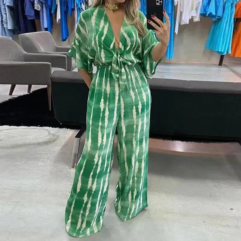Style Printed Five-Quarter Sleeve V-Neck One-Piece Jumpsuit - DEA collection