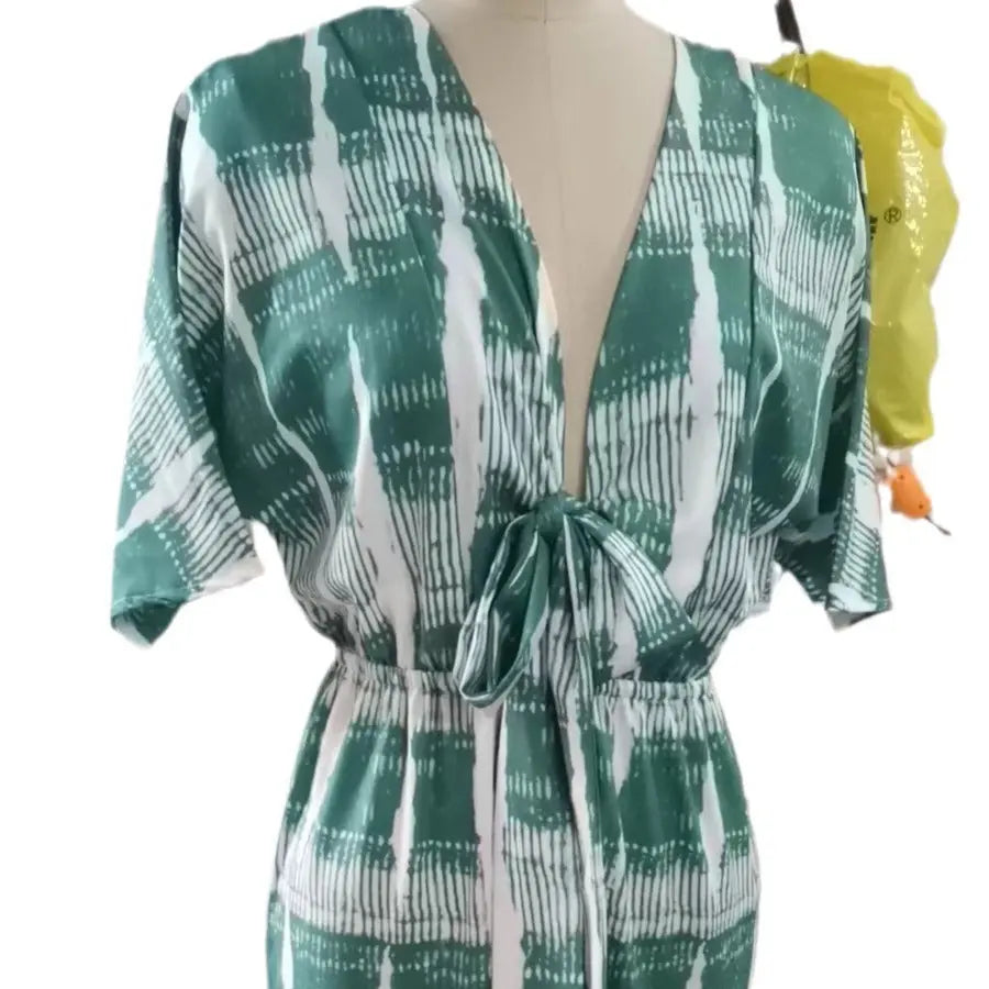 Style Printed Five-Quarter Sleeve V-Neck One-Piece Jumpsuit - DEA collection