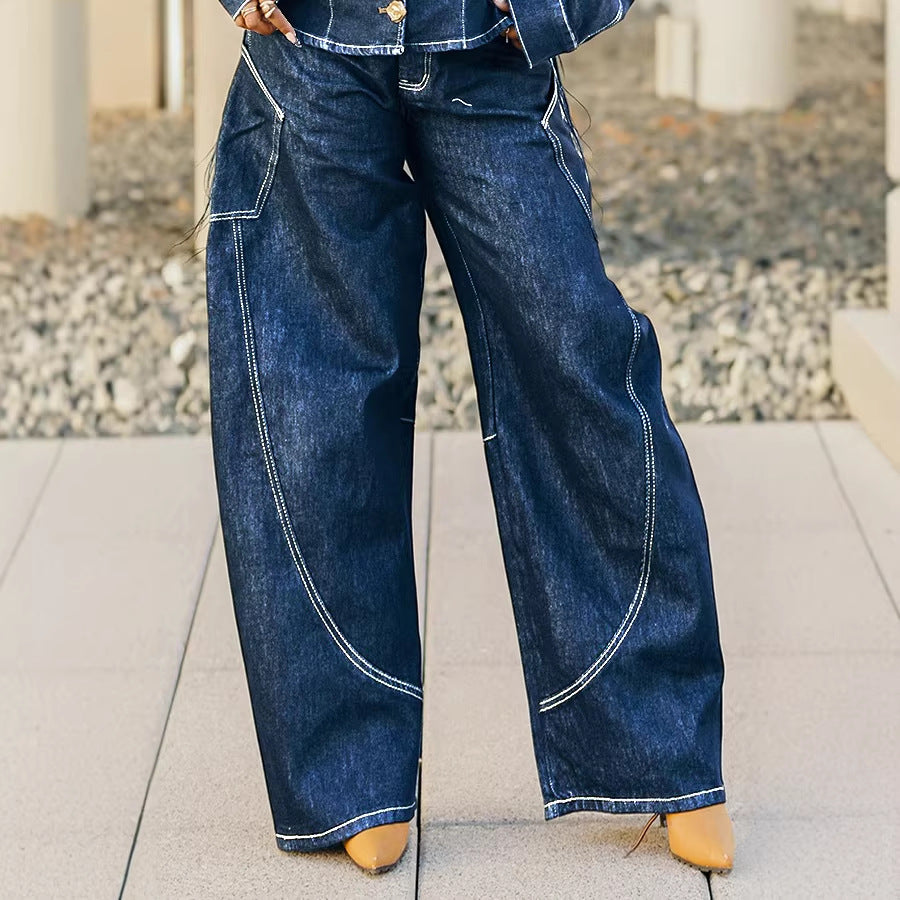 Stylish Stitched Curved Hem Denim Pants - DEA collection