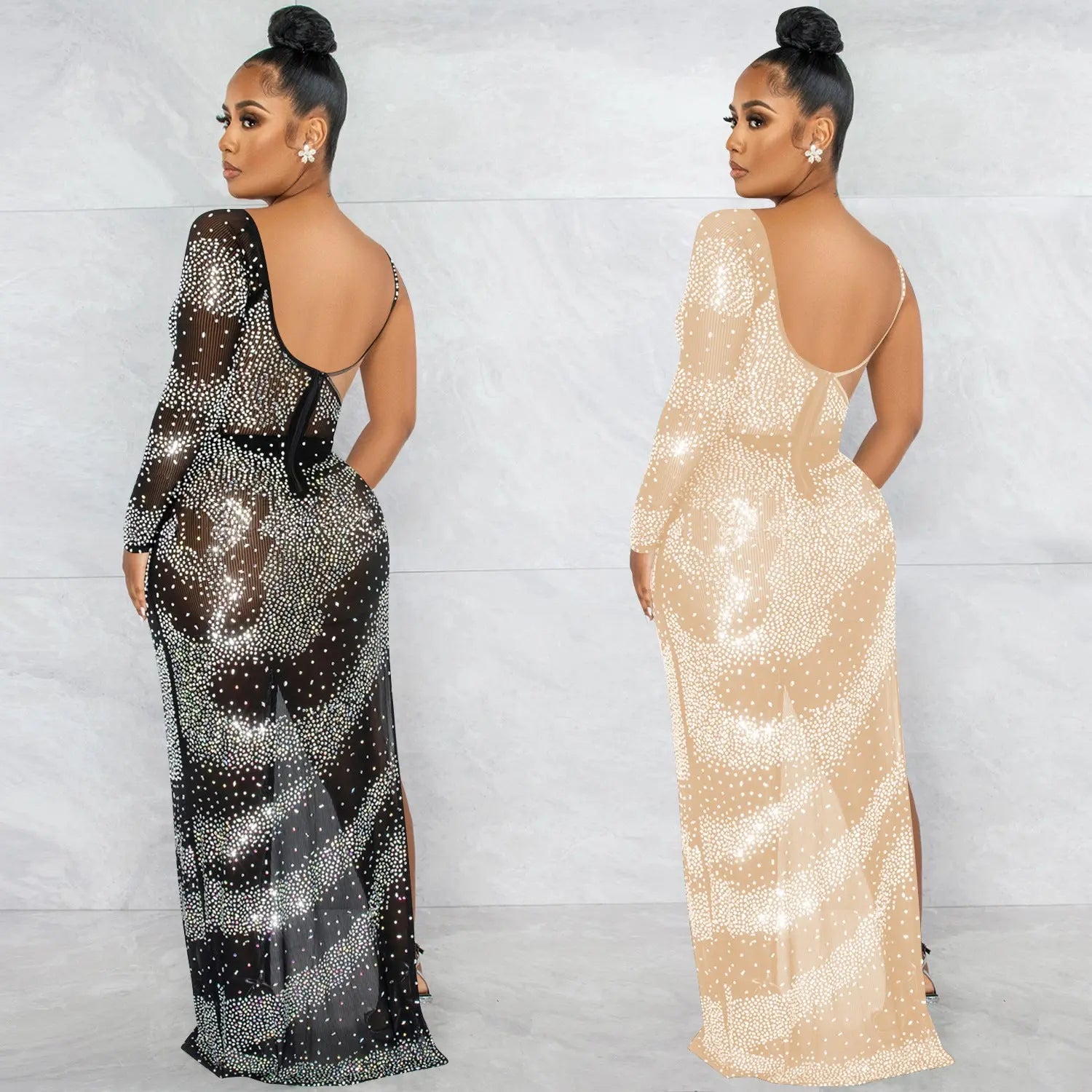 Rhinestone Single Long Sleeve Slit Maxi Dress - DEA collection